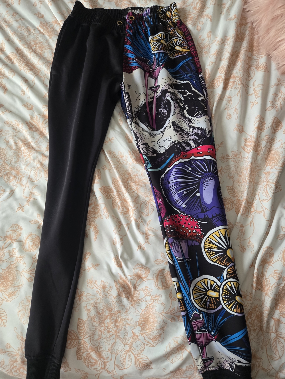 Black & Multicolor Graphic Jogger Pants with Skull and Mushroom Print